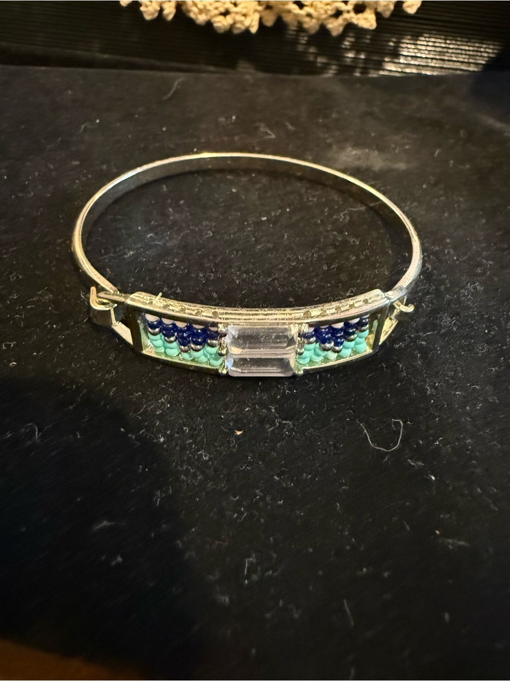 Silver-Tone Beaded Accent Bangle Bracelet - Aqua & Navy